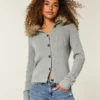 Hooded Faux Fur Trim Cardigan
