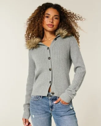 Hooded Faux Fur Trim Cardigan