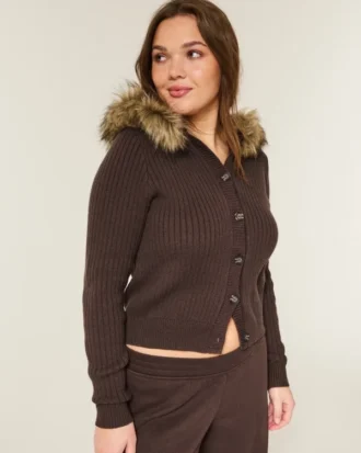 Hooded Faux Fur Trim Cardigan
