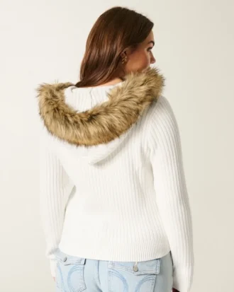 Hooded Faux Fur Trim Cardigan