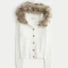 Hooded Faux Fur Trim Cardigan