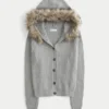 Hooded Faux Fur Trim Cardigan