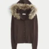 Hooded Faux Fur Trim Cardigan