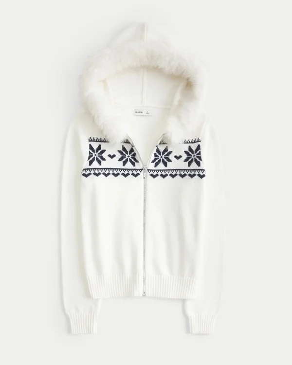 Hooded Faux Fur trim Fair Isle Zip-Up Sweater Hooded Faux Fur trim Fair Isle Zip-Up Sweater