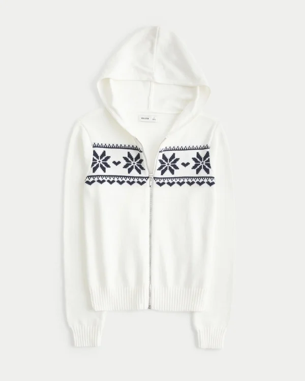Hooded Faux Fur trim Fair Isle Zip-Up Sweater Hooded Faux Fur trim Fair Isle Zip-Up Sweater