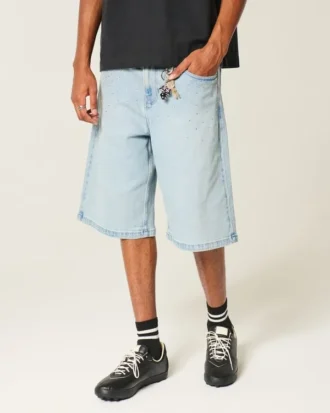 Light Wash Embellished Super Baggy Denim Shorts