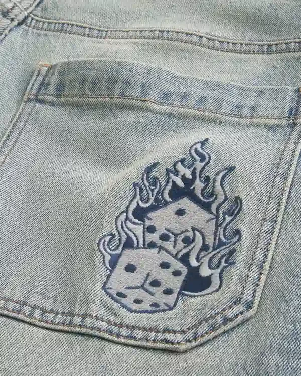 Light Wash Embroidered Dice Skater Baggy Jeans Light Wash Embroidered Dice Skater Baggy Jeans