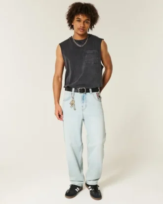 Light Wash Playing Card Graphic Skater Baggy Jeans