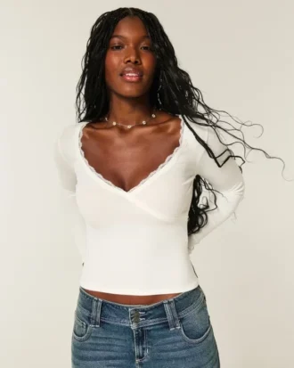 Long-Sleeve Lace Trim Wrap Top