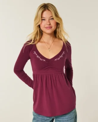 Long-Sleeve Pinch Bust Babydoll Top