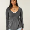 Long-Sleeve Pinch Bust Graphic Babydoll Top