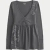 Long-Sleeve Pinch Bust Graphic Babydoll Top