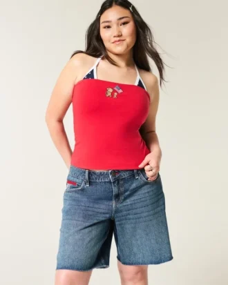 Low-Rise Dark Wash American Flag Graphic Baggy Jort