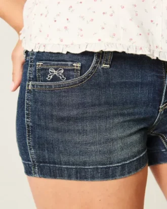 Low-Rise Dark Wash Embroidered Denim Shortie Shorts