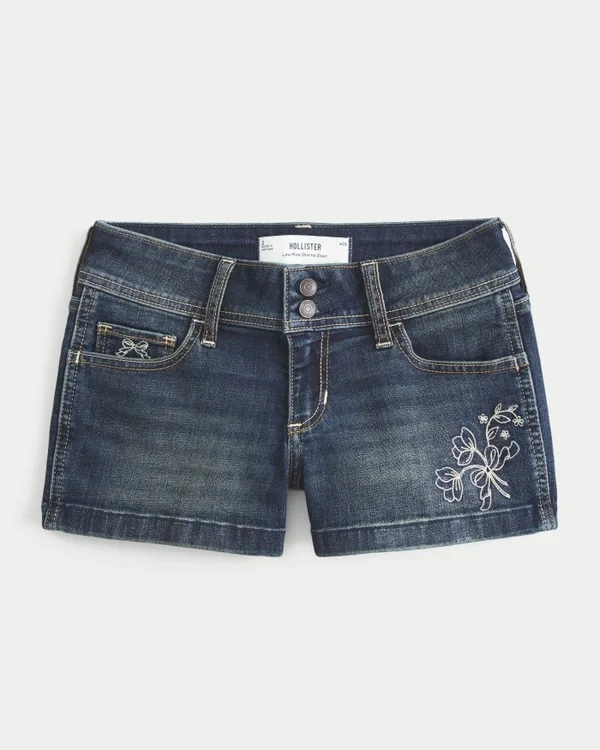 Low-Rise Dark Wash Embroidered Denim Shortie Shorts Low-Rise Dark Wash Embroidered Denim Shortie Shorts