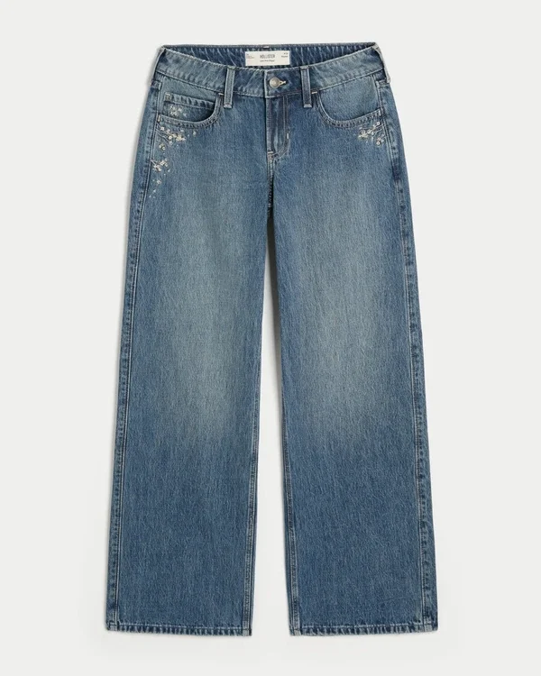 Low-Rise Dark Wash Floral Embroidery Baggy Jeans Low-Rise Dark Wash Floral Embroidery Baggy Jeans