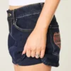 Low-Rise Dark Wash Plaid Pocket Denim Mini Skort