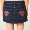 Low-Rise Dark Wash Plaid Pocket Denim Mini Skort
