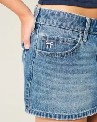Low-Rise Embroidered Bow Denim Mini Skort