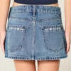 Low-Rise Embroidered Bow Denim Mini Skort