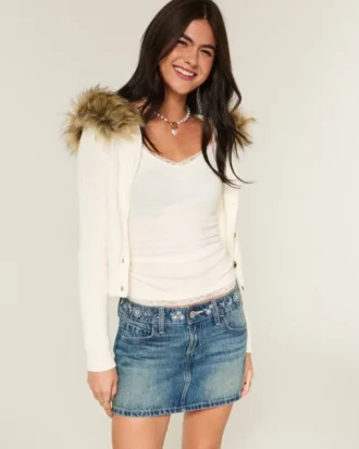 Low-Rise Embroidered Denim Mini Skort