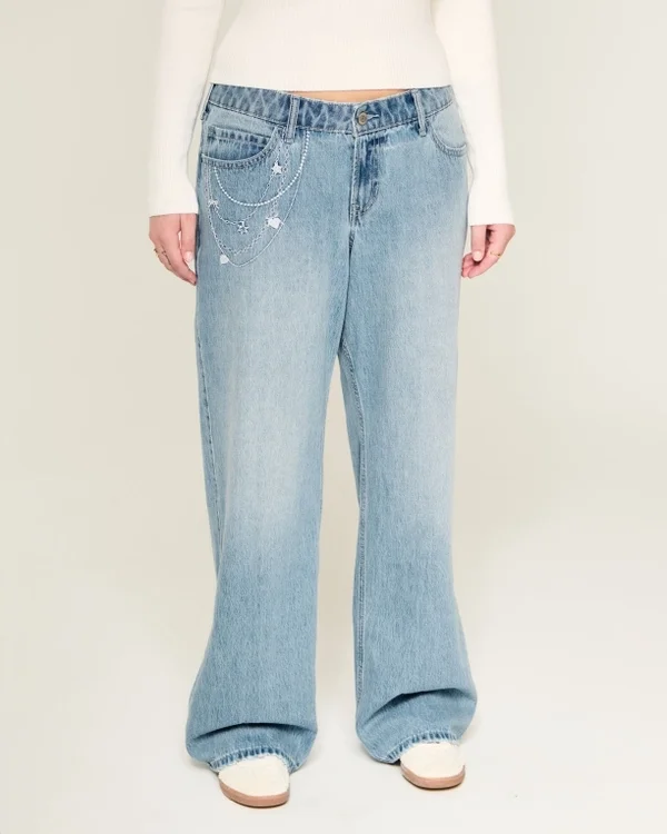 Low-Rise Light Wash Chain Embroidery Baggy Jeans Low-Rise Light Wash Chain Embroidery Baggy Jeans