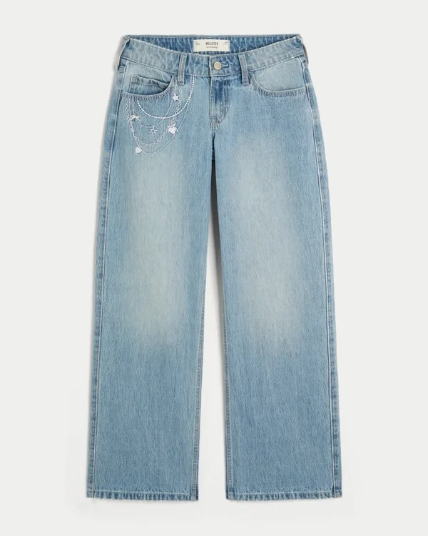 Low-Rise Light Wash Chain Embroidery Baggy Jeans Low-Rise Light Wash Chain Embroidery Baggy Jeans