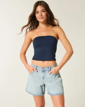Low-Rise Light Wash Foldover Waist Baggy Denim Shorts 5″