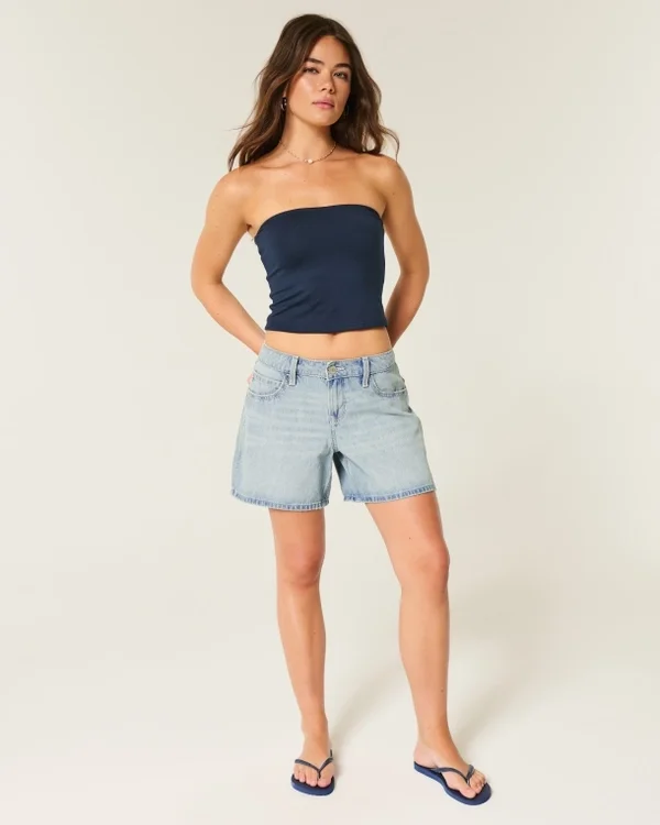 Low-Rise Light Wash Foldover Waist Baggy Denim Shorts 5″ Low-Rise Light Wash Foldover Waist Baggy Denim Shorts 5″