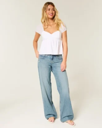 Low-Rise Medium Wash Butterfly Graphic Baggy Jeans