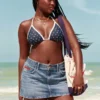 Low-Rise Medium Wash Flag Embroidered Denim Mini Skort