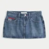 Low-Rise Medium Wash Flag Embroidered Denim Mini Skort