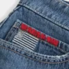 Low-Rise Medium Wash Flag Embroidered Denim Mini Skort