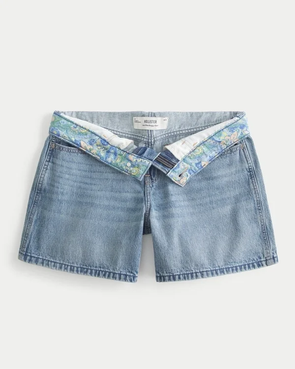 Low-Rise Medium Wash Foldover Waist Baggy Denim Shorts 5″ Low-Rise Medium Wash Foldover Waist Baggy Denim Shorts 5″