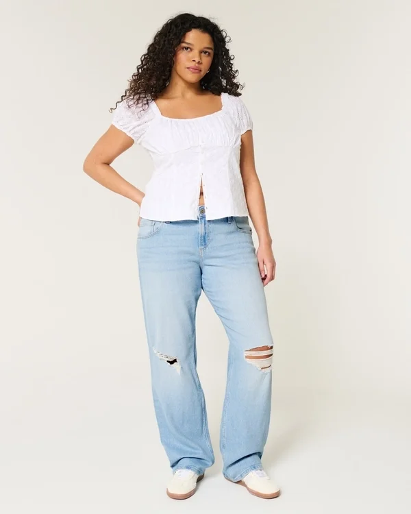 Low-Rise Ripped Light Wash Relaxed Straight Jeans Low-Rise Ripped Light Wash Relaxed Straight Jeans