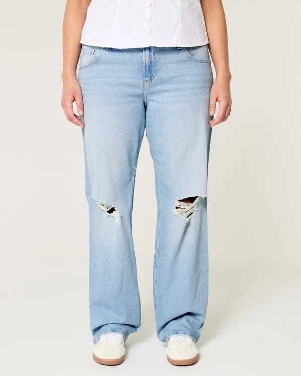 Low-Rise Ripped Light Wash Relaxed Straight Jeans Low-Rise Ripped Light Wash Relaxed Straight Jeans