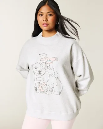 Oversized Mock-Neck Bear Graphic Sweatshirt