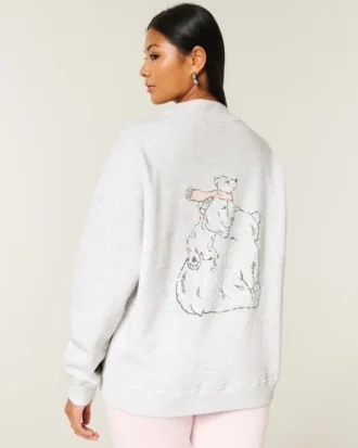 Oversized Mock-Neck Bear Graphic Sweatshirt