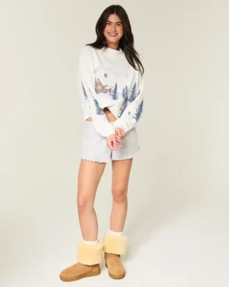 Oversized Mock-Neck Puff Print Winter Graphic Sweatshirt