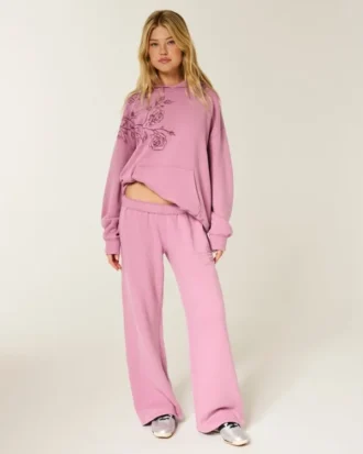 Sparkle Rose Graphic Wide-Leg Sweatpants