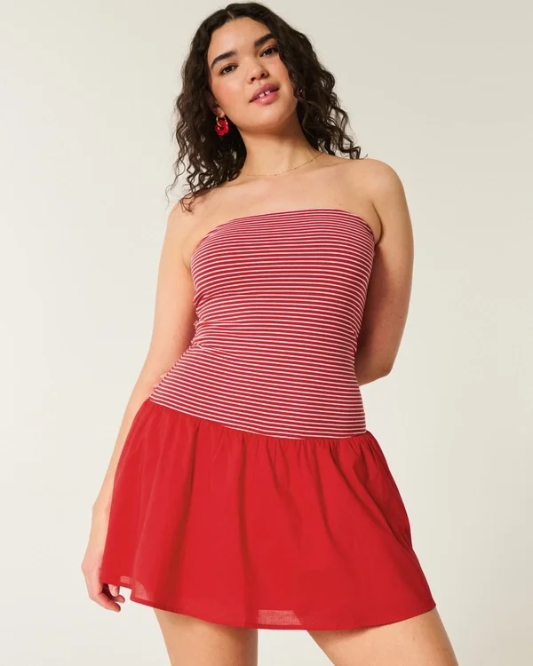 Strapless Drop-Waist Knit-Woven Mini Dress Strapless Drop-Waist Knit-Woven Mini Dress