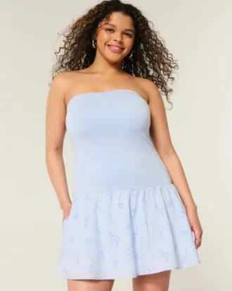 Strapless Drop-Waist Knit-Woven Mini Dress