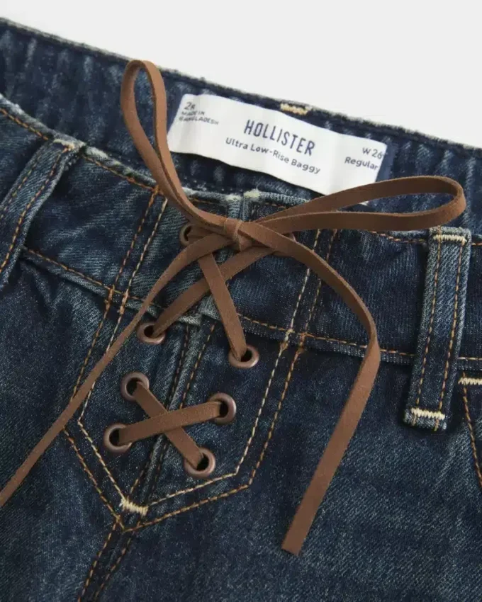 Ultra Low-Rise Dark Wash Lace-Up Baggy Jeans