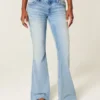 Ultra Low-Rise Distressed Light Wash Sequin Flare Jeans