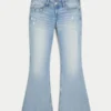 Ultra Low-Rise Distressed Light Wash Sequin Flare Jeans