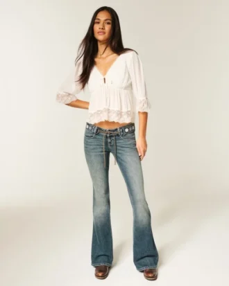 Ultra Low-Rise Embroidered Belt Medium Wash Flare Jeans