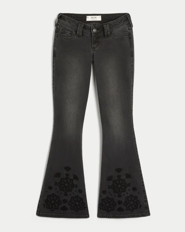 Ultra Low-Rise Floral Embroidery Washed Black Flare Jeans Ultra Low-Rise Floral Embroidery Washed Black Flare Jeans