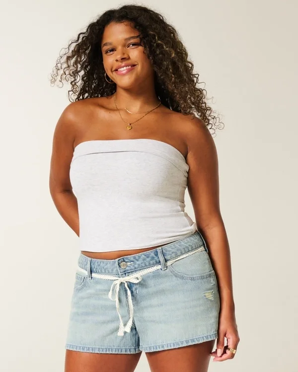 Ultra Low-Rise Light Wash Lace Tie Denim Mini Shorts Ultra Low-Rise Light Wash Lace Tie Denim Mini Shorts