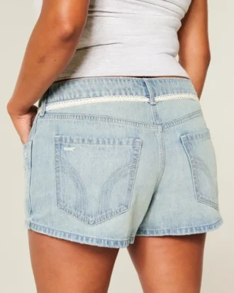 Ultra Low-Rise Light Wash Lace Tie Denim Mini Shorts