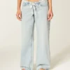 Ultra Low-Rise Light Wash Mini Waistband Shoelace Baggy Jeans